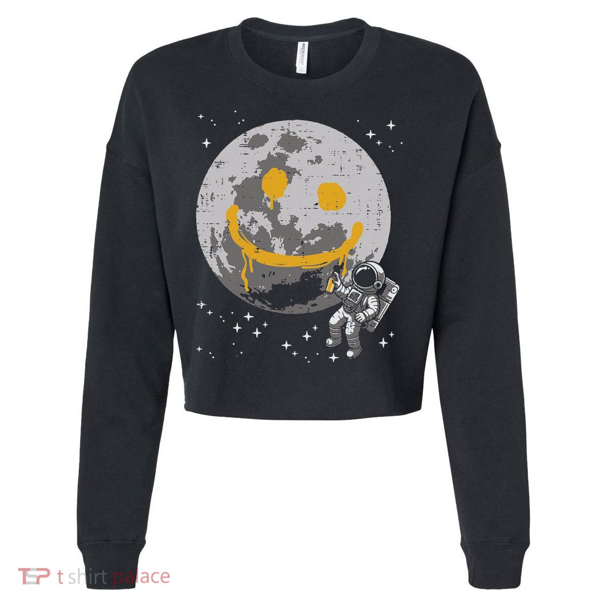 Astronaut Spray Paint Moon Smile Face Space Cropped Pullover Crew