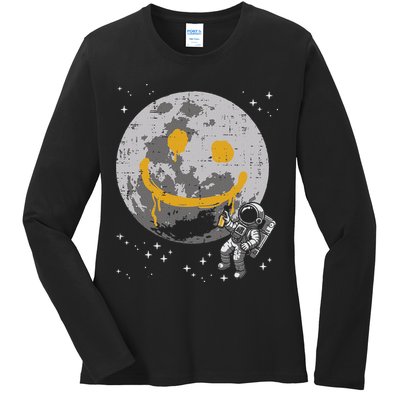 Astronaut Spray Paint Moon Smile Face Space Ladies Long Sleeve Shirt