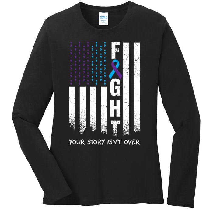 Awareness Suicide Prevention Ribbon FIGHT American Flag Ladies Long Sleeve Shirt