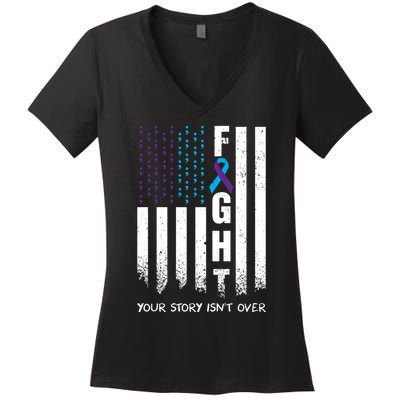 Awareness Suicide Prevention Ribbon FIGHT American Flag Women's V-Neck T-Shirt