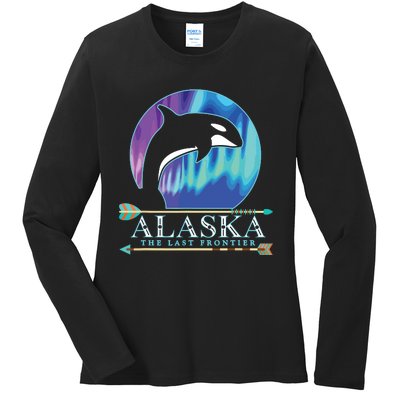 Alaska State Pride Alaska Northern Lights Alaskan Orca Whale Ladies Long Sleeve Shirt