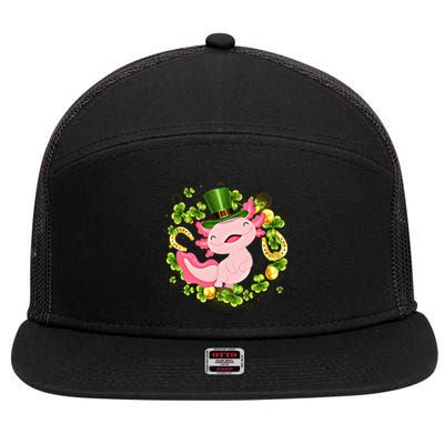 Axolotl Saint Patricks Day Lucky Cute Axolotl St Patrick Gift 7 Panel Mesh Trucker Snapback Hat