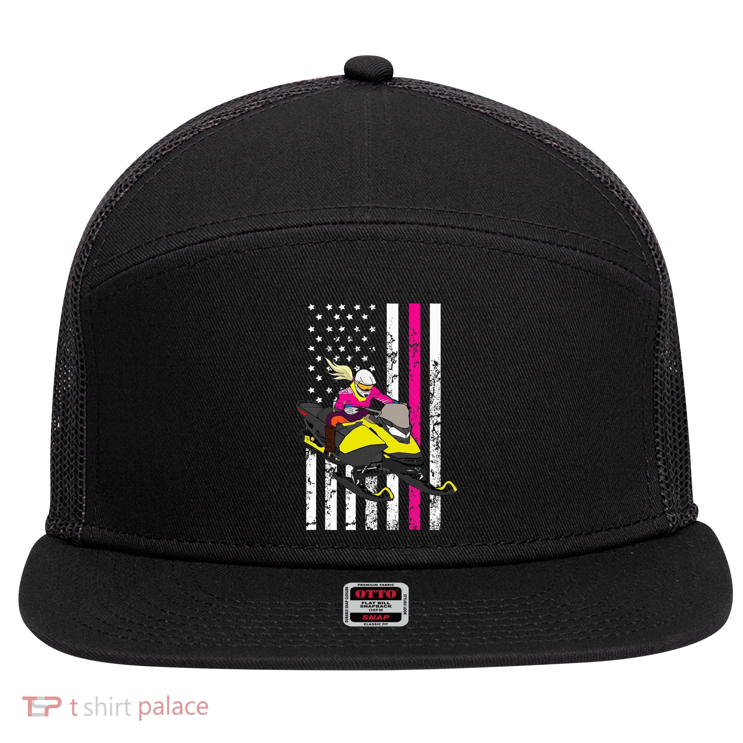 American Snowmobile Rider American Flag Snowmobile 7 Panel Mesh Trucker Snapback Hat