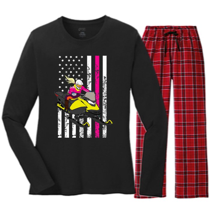 American Snowmobile Rider American Flag Snowmobile Women's Long Sleeve Flannel Pajama Set 