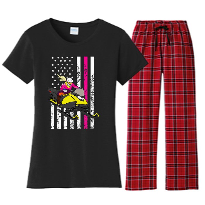 American Snowmobile Rider American Flag Snowmobile Women's Flannel Pajama Set