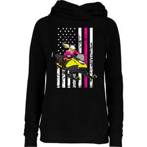 American Snowmobile Rider American Flag Snowmobile Womens Funnel Neck Pullover Hood