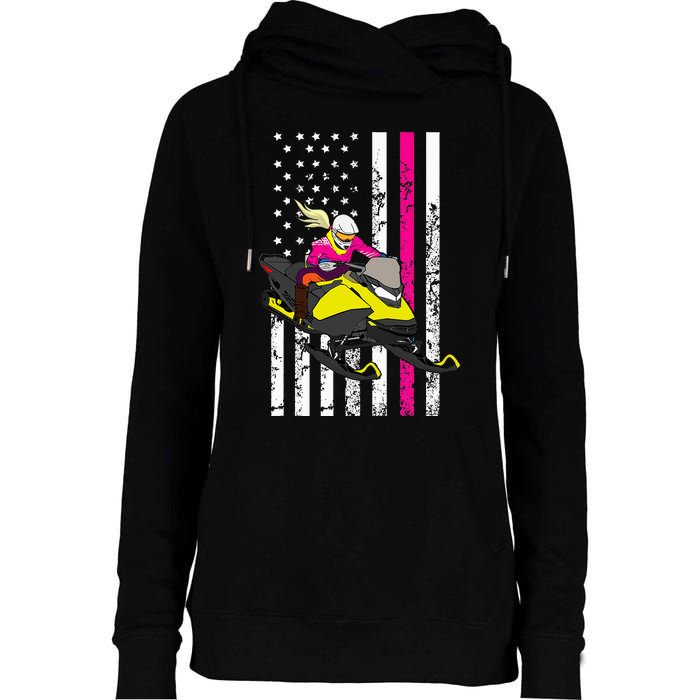 American Snowmobile Rider American Flag Snowmobile Womens Funnel Neck Pullover Hood