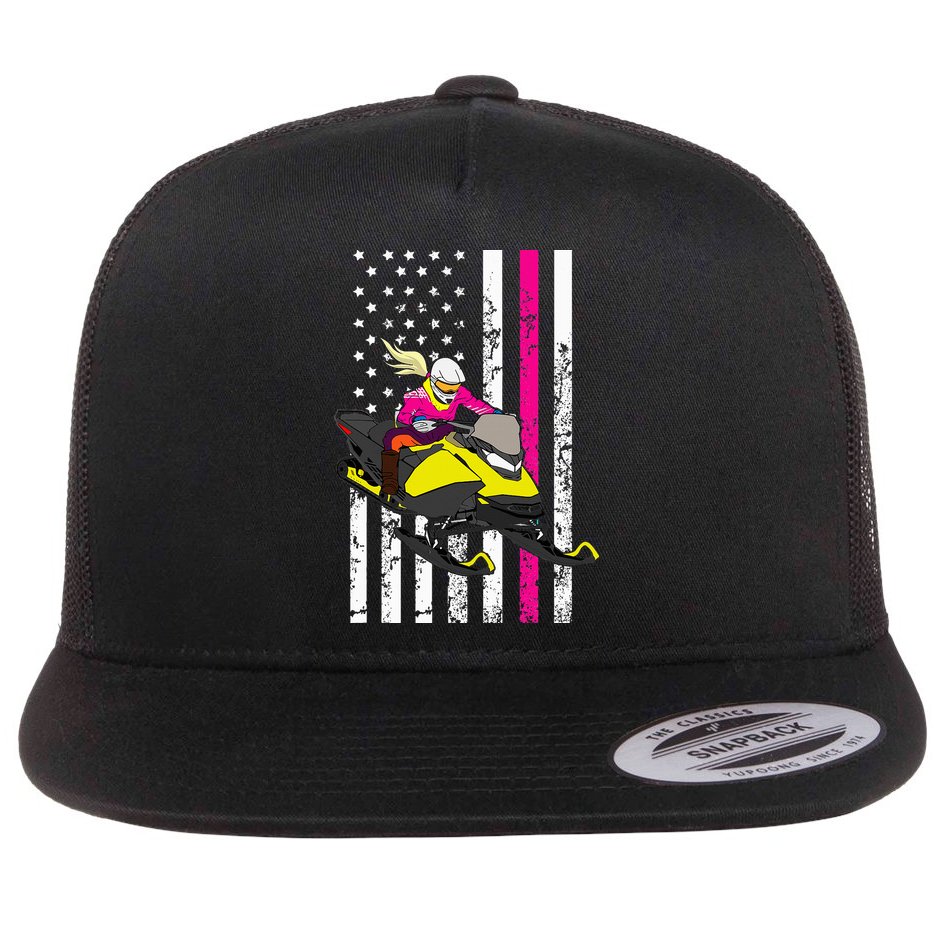 American Snowmobile Rider American Flag Snowmobile Flat Bill Trucker Hat