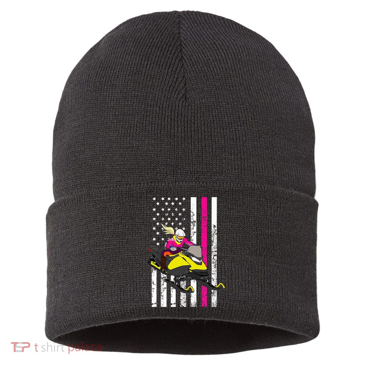 American Snowmobile Rider American Flag Snowmobile Sustainable Knit Beanie