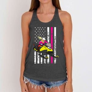 American Snowmobile Rider American Flag Snowmobile Women's Knotted Racerback Tank