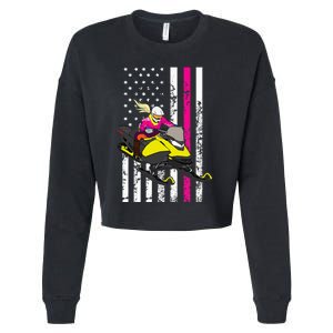 American Snowmobile Rider American Flag Snowmobile Cropped Pullover Crew