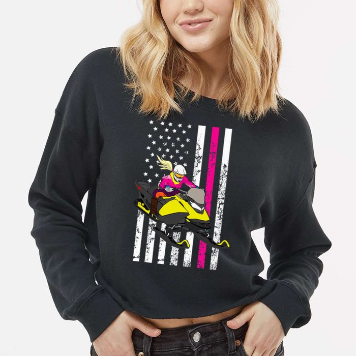 American Snowmobile Rider American Flag Snowmobile Cropped Pullover Crew