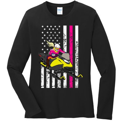 American Snowmobile Rider American Flag Snowmobile Ladies Long Sleeve Shirt