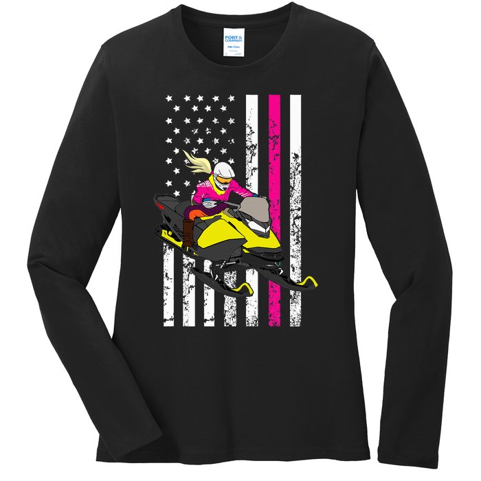 American Snowmobile Rider American Flag Snowmobile Ladies Long Sleeve Shirt