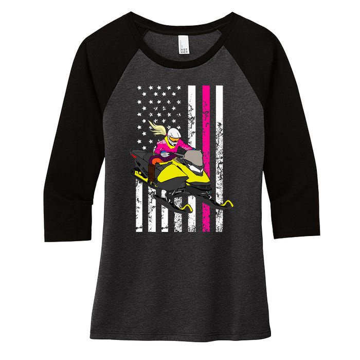 American Snowmobile Rider American Flag Snowmobile Women's Tri-Blend 3/4-Sleeve Raglan Shirt