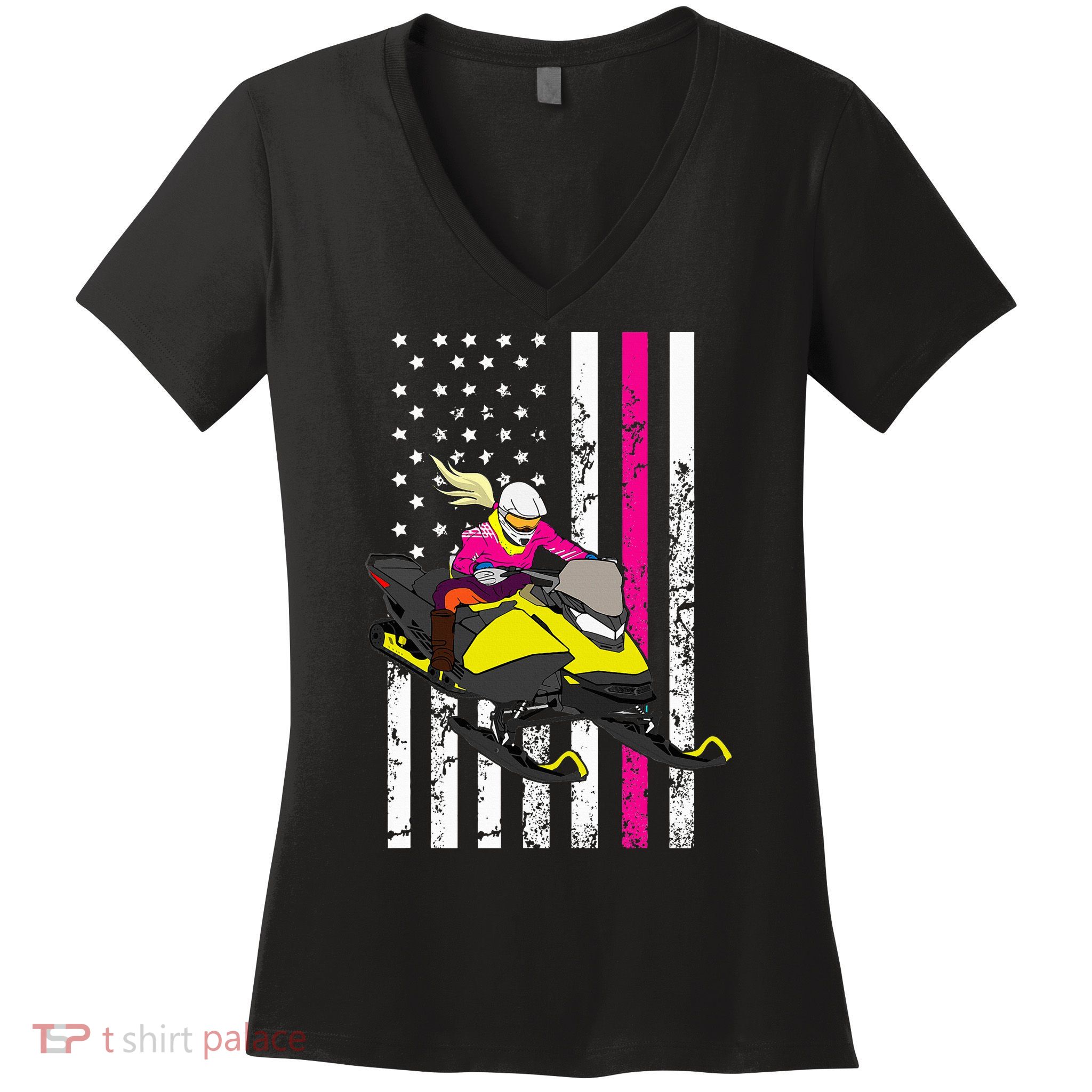 American Snowmobile Rider American Flag Snowmobile Women's V-Neck T-Shirt