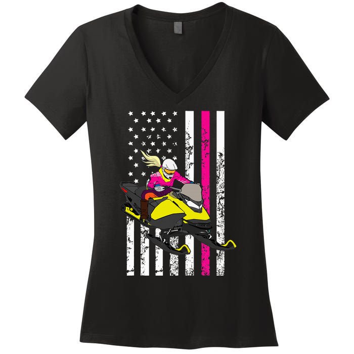 American Snowmobile Rider American Flag Snowmobile Women's V-Neck T-Shirt