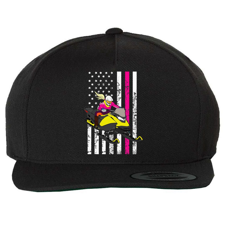 American Snowmobile Rider American Flag Snowmobile Wool Snapback Cap