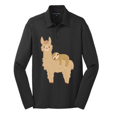 Adorable Sloth Relaxing On A Llama Funny Llama Sloth Silk Touch Performance Long Sleeve Polo