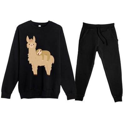 Adorable Sloth Relaxing On A Llama Funny Llama Sloth Premium Crewneck Sweatsuit Set