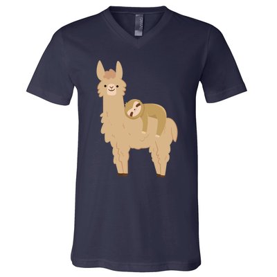 Adorable Sloth Relaxing On A Llama Funny Llama Sloth V-Neck T-Shirt