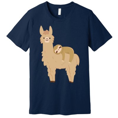 Adorable Sloth Relaxing On A Llama Funny Llama Sloth Premium T-Shirt