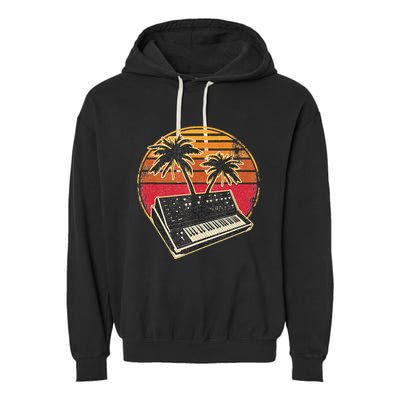Analog Synthesizer Retrowave Vintage 70s Sunset Synth Garment-Dyed Fleece Hoodie