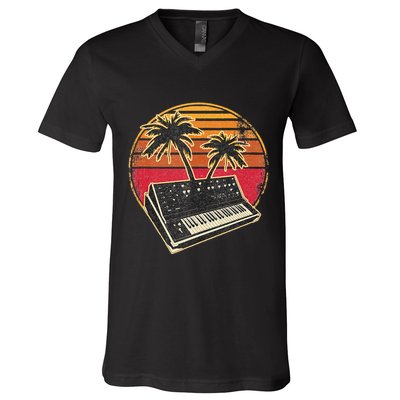 Analog Synthesizer Retrowave Vintage 70s Sunset Synth V-Neck T-Shirt