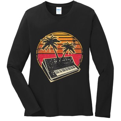 Analog Synthesizer Retrowave Vintage 70s Sunset Synth Ladies Long Sleeve Shirt