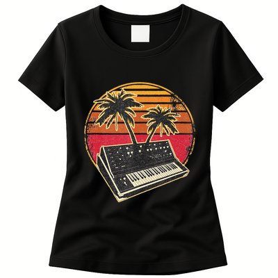 Analog Synthesizer Retrowave Vintage 70s Sunset Synth Womens T-Shirt