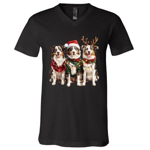 Australian Shepherd Reindeer Christmas Lights Dog Lover Xmas V-Neck T-Shirt