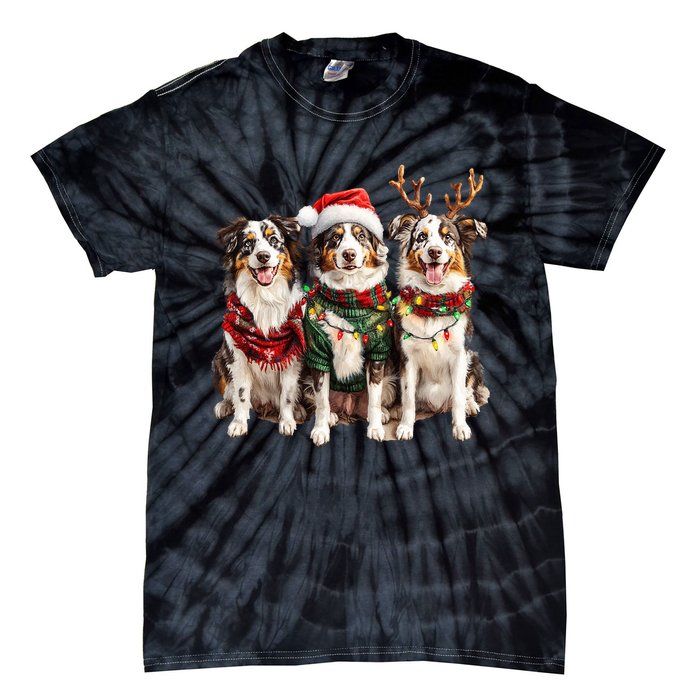 Australian Shepherd Reindeer Christmas Lights Dog Lover Xmas Tie-Dye T-Shirt