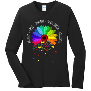 Autism Sunflower Respect Love Support Autism Awareness Ladies Long Sleeve Shirt