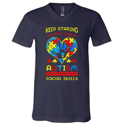 Autism Social Skills Autistic Puzzle Piece Stop Hand Gift V-Neck T-Shirt