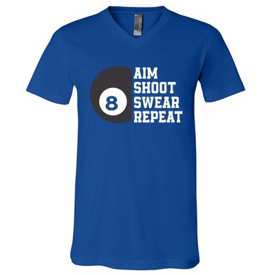 Aim Shoot Swear Repeat Funny Billiard Pool Billiards Snooker Great Gift V-Neck T-Shirt