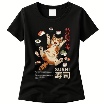 Anime Style Sushi Cat Harajuku Tokyo Japan Cat Cafe Womens T-Shirt