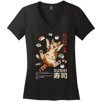 Anime Style Sushi Cat Harajuku Tokyo Japan Cat Cafe Women's V-Neck T-Shirt