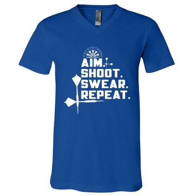 Aim Shoot Swear Repeat Funny Gift Dart Player Gift V-Neck T-Shirt