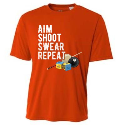 Aim Shoot Swear Repeat Cool Gift Pool Player Cool Gift Hall Shark Billiard Gift Cooling Performance Crew T-Shirt