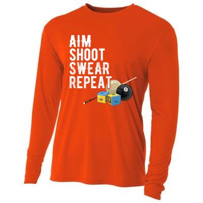 Aim Shoot Swear Repeat Cool Gift Pool Player Cool Gift Hall Shark Billiard Gift Cooling Performance Long Sleeve Crew