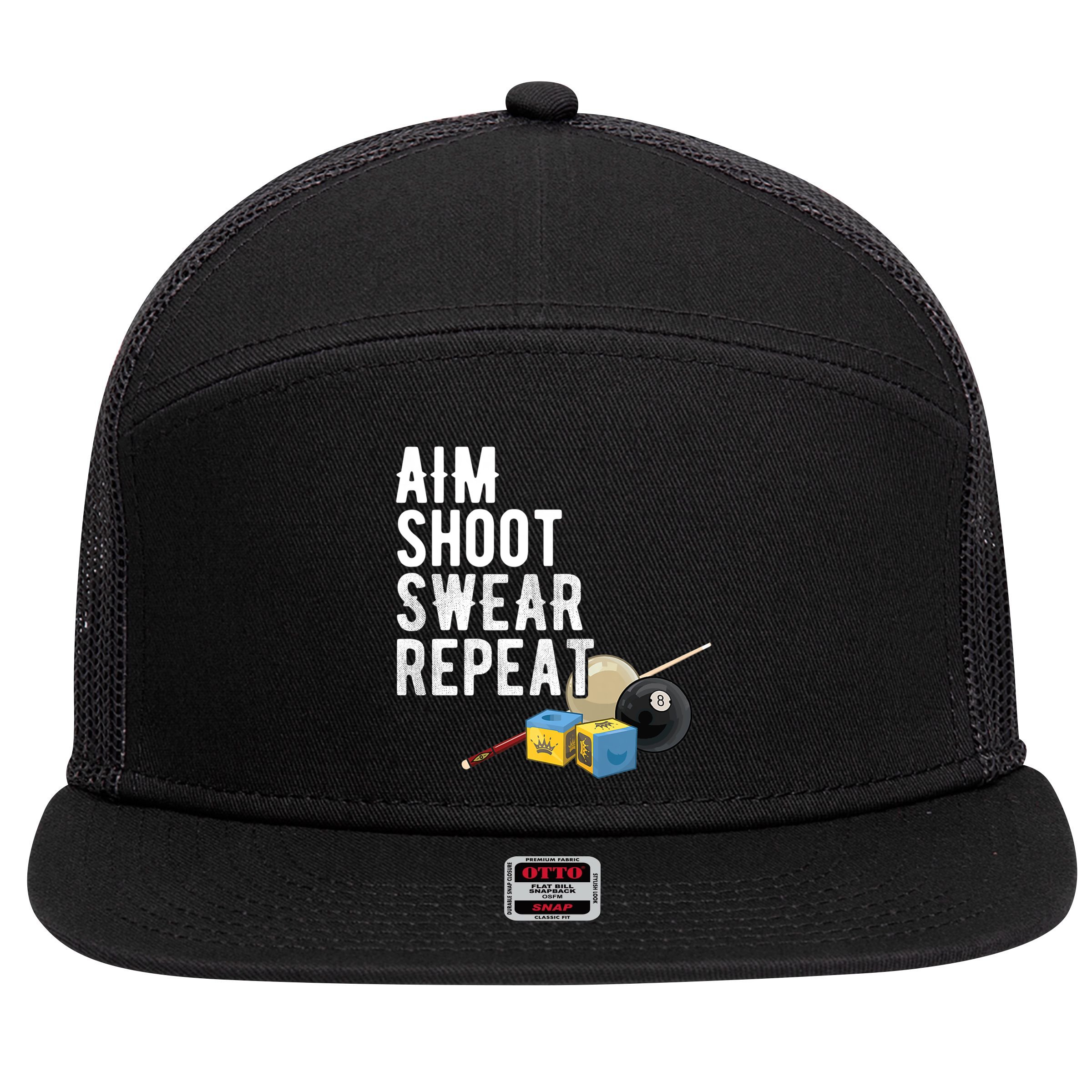Aim Shoot Swear Repeat Cool Gift Pool Player Cool Gift Hall Shark Billiard Gift 7 Panel Mesh Trucker Snapback Hat