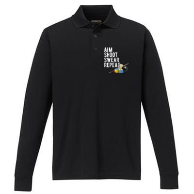 Aim Shoot Swear Repeat Cool Gift Pool Player Cool Gift Hall Shark Billiard Gift Performance Long Sleeve Polo