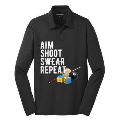 Aim Shoot Swear Repeat Cool Gift Pool Player Cool Gift Hall Shark Billiard Gift Silk Touch Performance Long Sleeve Polo