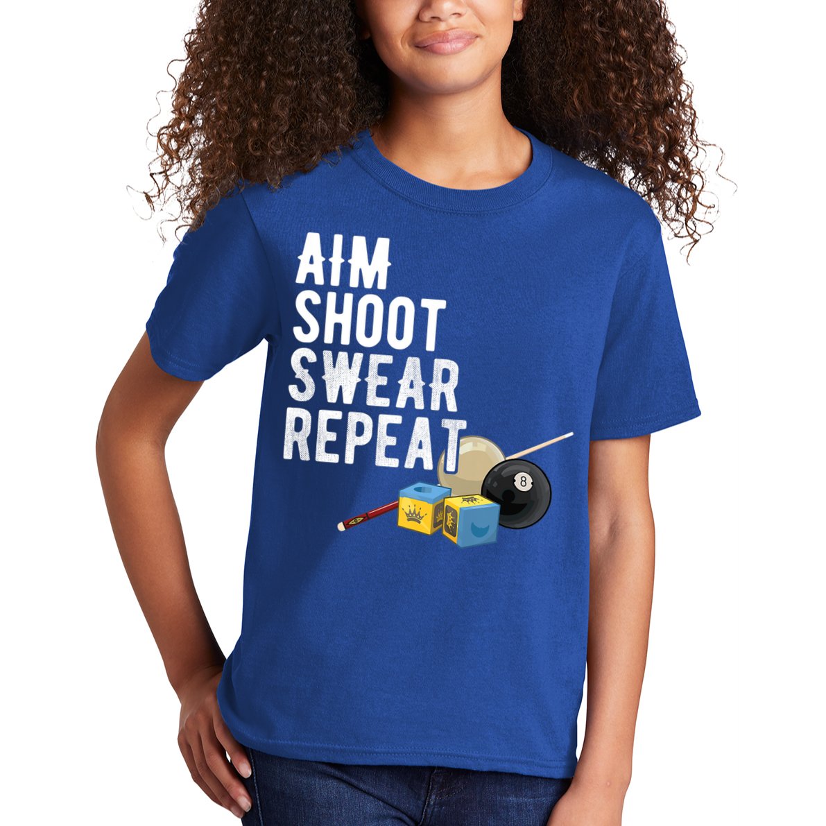 Aim Shoot Swear Repeat Cool Gift Pool Player Cool Gift Hall Shark Billiard Gift Kids T-Shirt