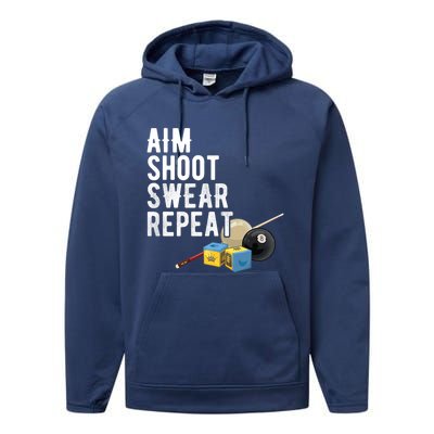 Aim Shoot Swear Repeat Cool Gift Pool Player Cool Gift Hall Shark Billiard Gift Performance Fleece Hoodie