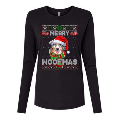 Australian Shepherd Santa Scarf Merry Woofmas Ugly Sweater Cool Gift Womens Cotton Relaxed Long Sleeve T-Shirt