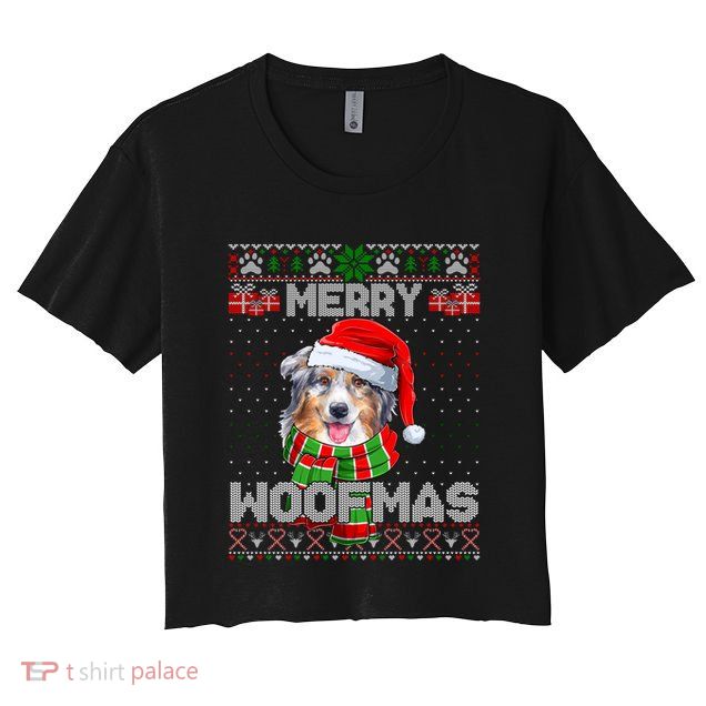 Australian Shepherd Santa Scarf Merry Woofmas Ugly Sweater Cool Gift Crop Top