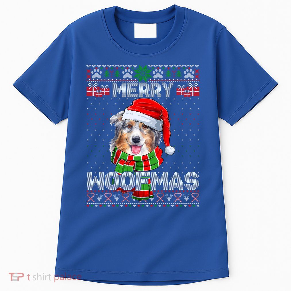Australian Shepherd Santa Scarf Merry Woofmas Ugly Sweater Cool Gift Tall T-Shirt