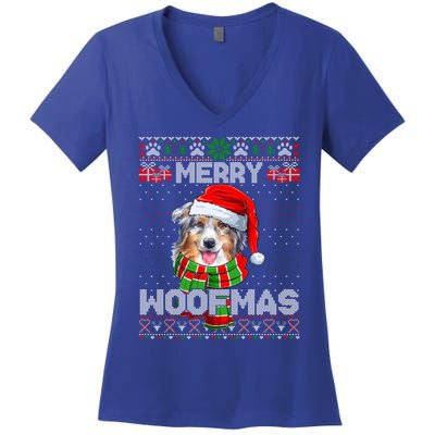 Australian Shepherd Santa Scarf Merry Woofmas Ugly Sweater Cool Gift Women's V-Neck T-Shirt