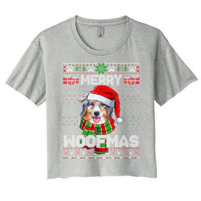 Australian Shepherd Santa Scarf Merry Woofmas Ugly Sweater Cool Gift Women's Crop Top Tee